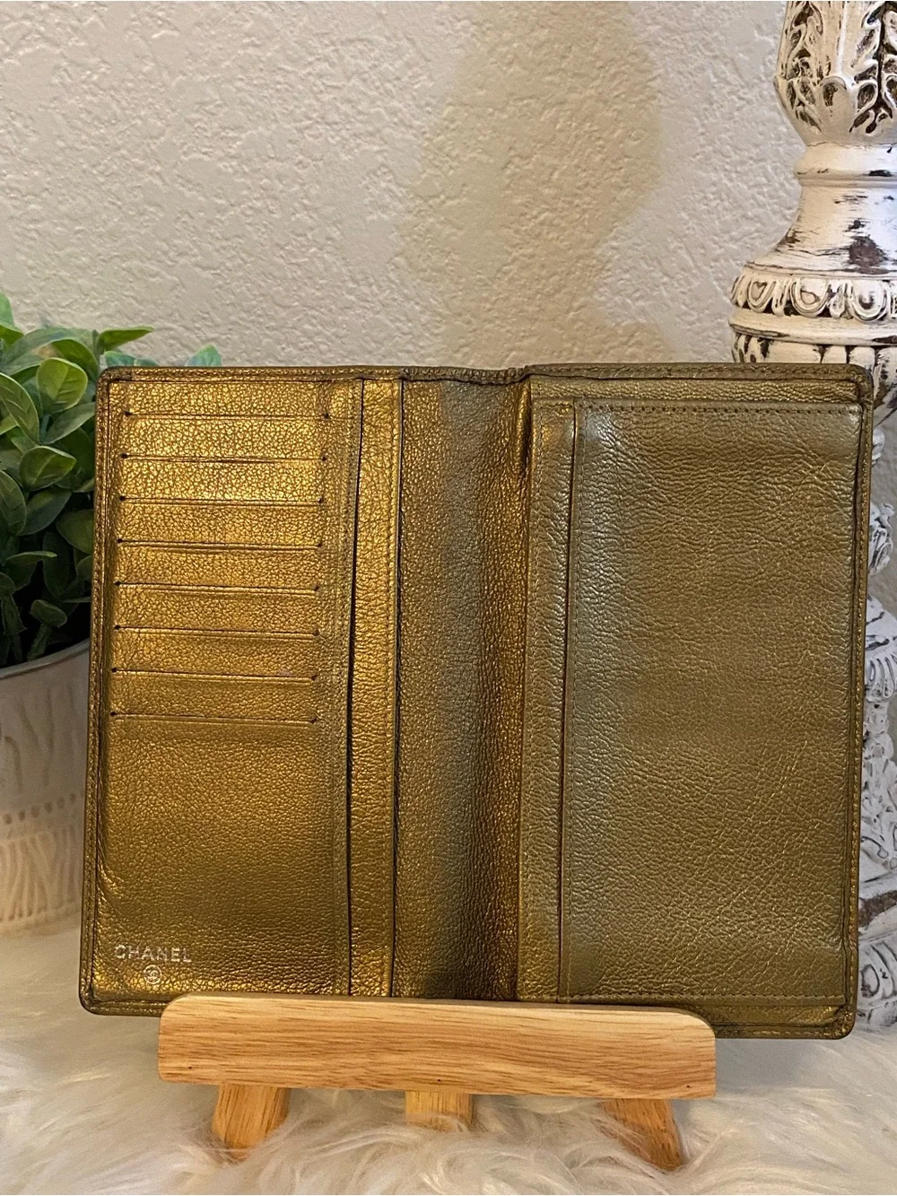CHANEL Gold Calfskin Leather Long Wallet with CC Medallion & Black Card